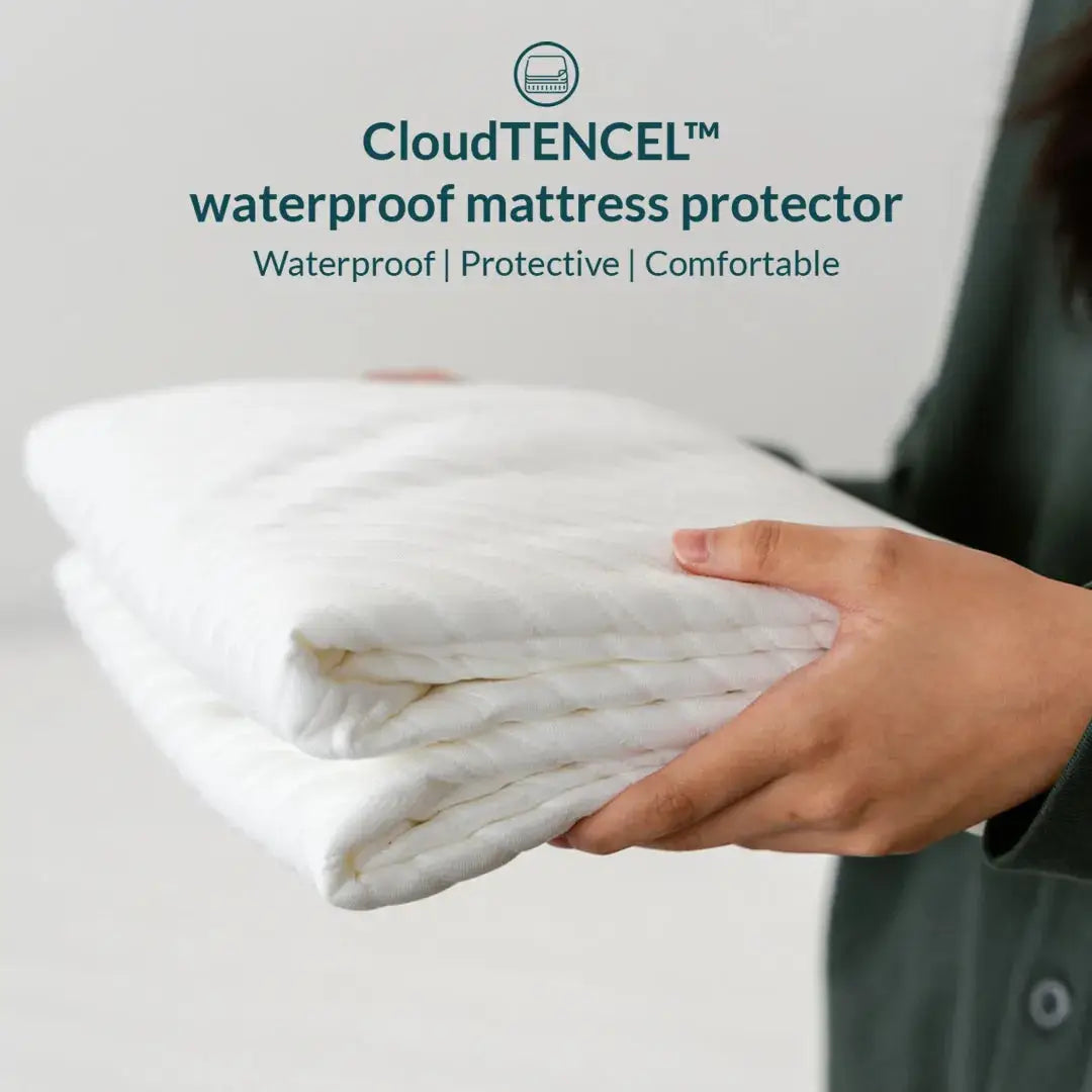 CloudTENCEL™ waterproof, dustmiteproof, breathable mattress protector. Made of a tencel blend