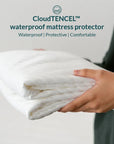 CloudTENCEL™ waterproof, dustmiteproof, breathable mattress protector. Made of a tencel blend