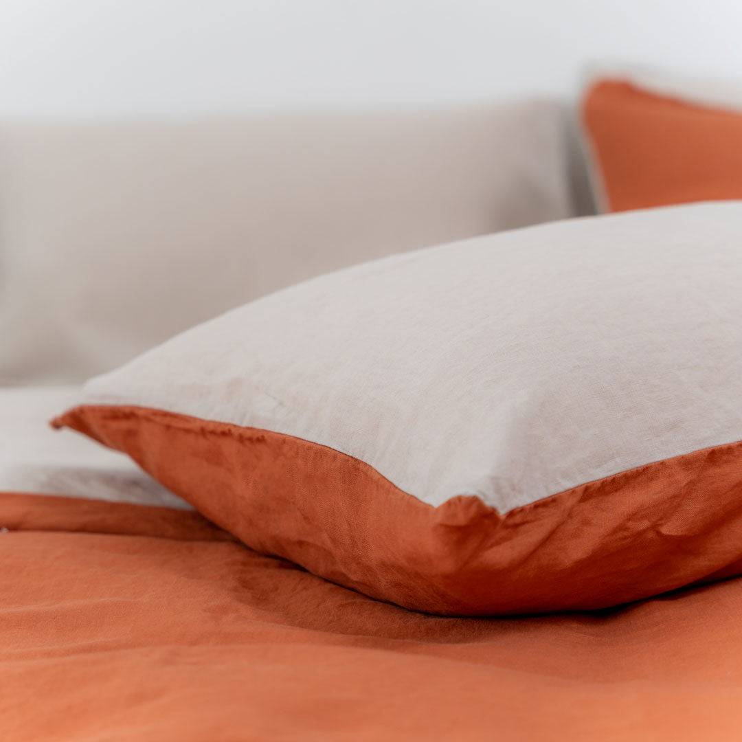 100% French flax linen pillowcase (x2) burnt orange taupe