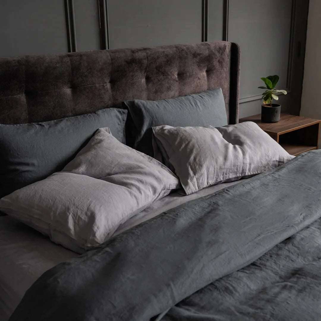 dark grey french linen pillowcases and bedsheets set