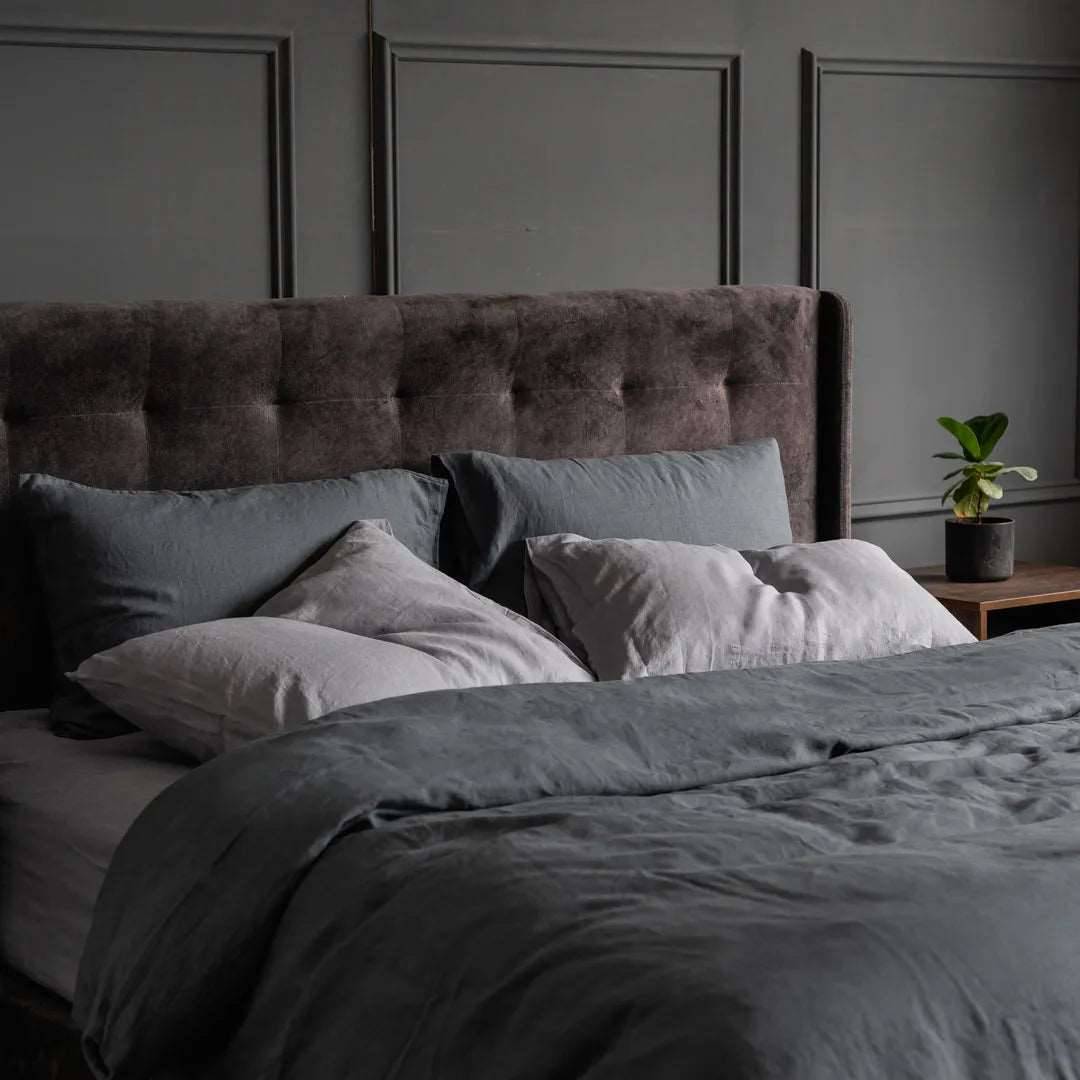 dark grey french linen pillowcases and bedsheets set with duvet cover