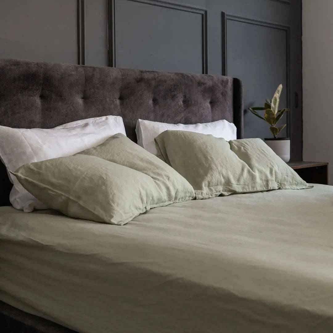 sage green french linen pillowcases and bedsheets set